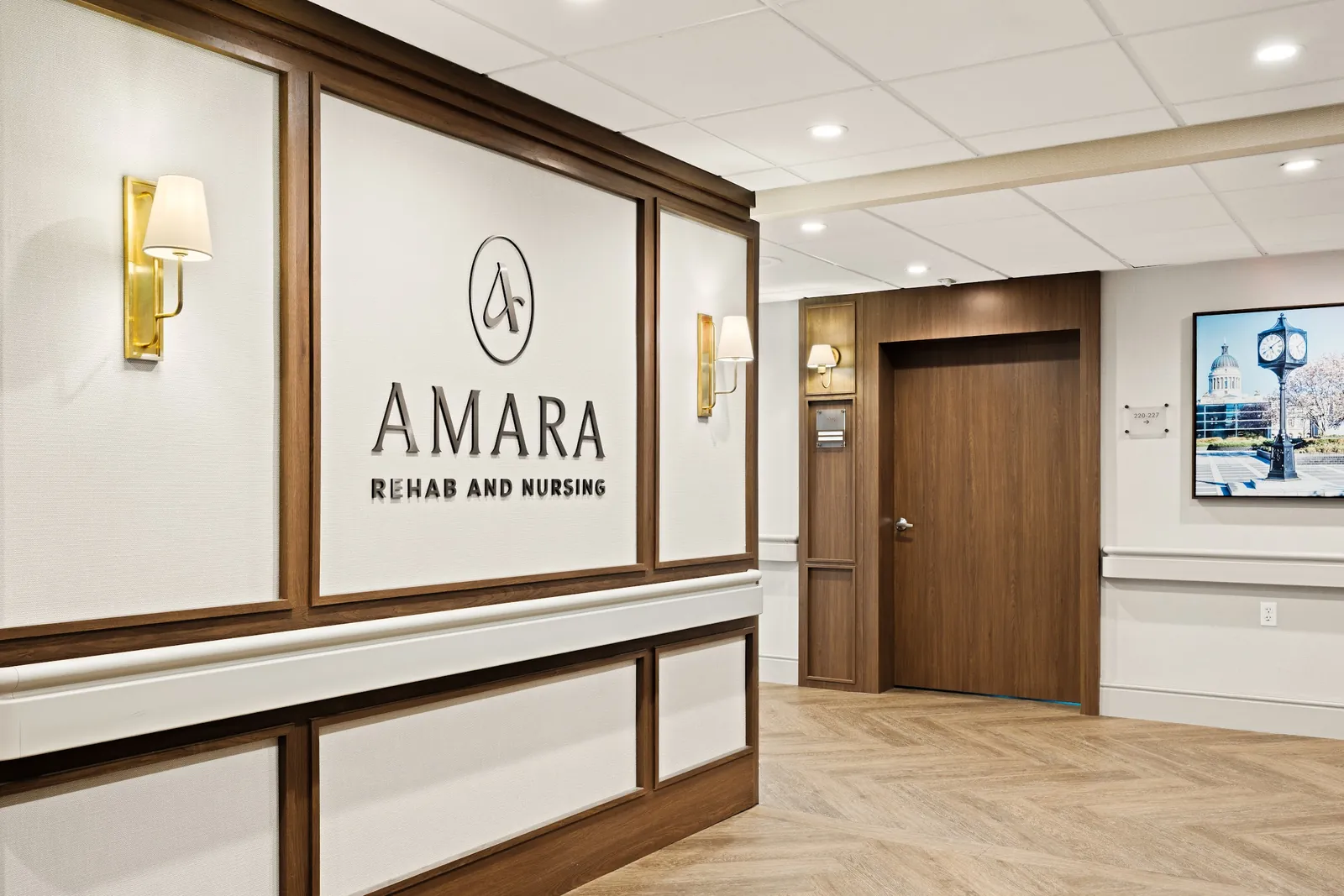 Amara Rehab and Nursing signage wall in the renovated lobby