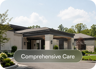 Covered entrance of the Amara Rehab and Nursing building, labelled Comprehensive Care